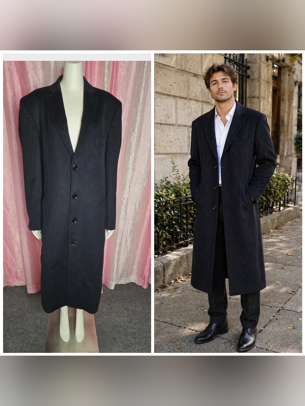 Enzo Tovare Navy Wool Cashmere Long Classic City Coat Size 42 Men's